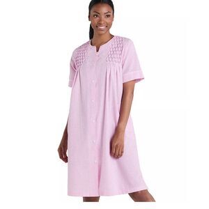 EUC Miss Elaine Seersucker Short Snap Robe Plus Size 3X Pink White Stripe Light